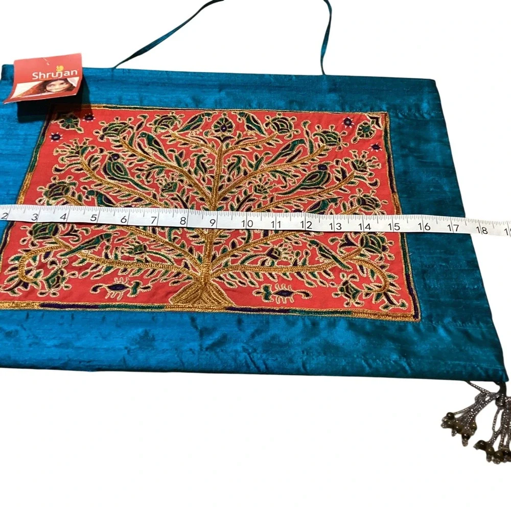 Shrujan Handcrafted Wall Hanging Art Sea‎ Green Raw Silk Tree of Life Embroidery